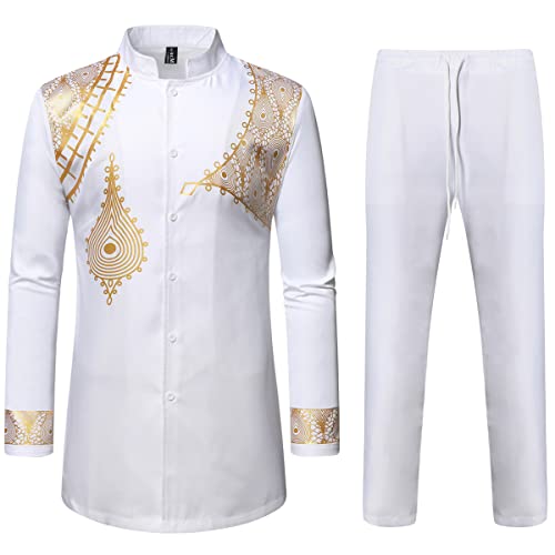 LucMatton Herren 2-teiliges Outfit Langarm Knopfleiste Hemd und Hose Traditioneller ethnischer Anzug, Weißgold-C, XXL LucMatton Herren 2-teiliges Outfit Langarm Knopfleiste Hemd und Hose Traditioneller ethnischer Anzug, Weißgold-C, XXL von LucMatton