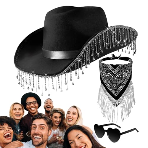 Cowgirl-Hut für Party, Strass-Quasten-Cowboyhut | 3 Stück Cowgirl-Schal für Damen,Herz-Brillen-Set für Halloween, Maskerade, Abschlussfeier, Cosplay-Zubehör Luckxing von Luckxing