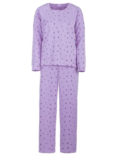 Lucky Damen Thermo Pyjama angeraut Herbst Winter mit Blumen Druck Größe M-XXL, Größe:L, Farbe:Flieder von Lucky