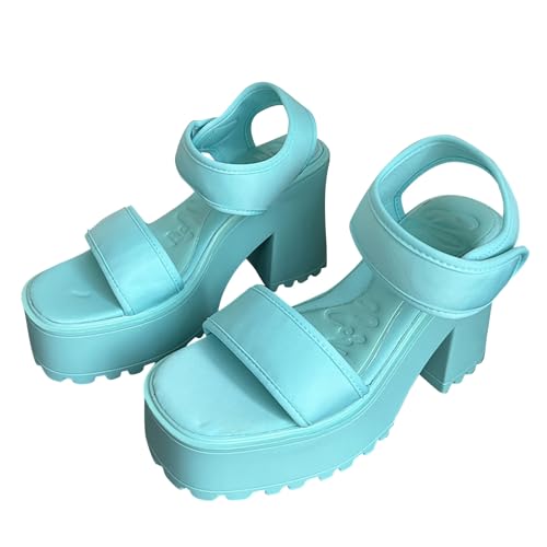 Luckywaqng B Ware Damenschuhe Sommer Candy Farbe Ein Strap High Heels Runde Blockabsatz Casual Sandalen Schuhe Damen Sneaker (Blue, 38) von Luckywaqng