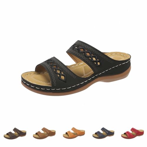 Luckywaqng Damen Orthopädische Schlappen Mit Keilabsatz Leichte Freizeit Breite Füße Leder Pantoletten Sommer Frauen Bequeme Hausschuhe Bohemia Wedges Coole Casual Sandaletten Sommerschuhe von Luckywaqng