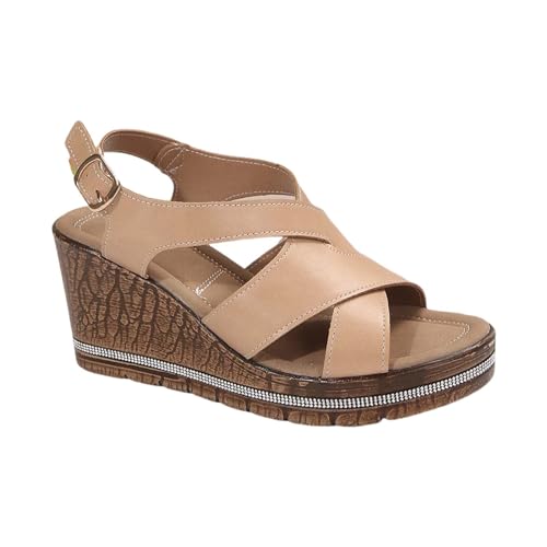 Luckywaqng Damen Schuhe Slipper Damen Casual Side Hollow Gürtelschnalle Slope Bottom Roman Schuhe Sommermode Damen Sandalen Krankenpflege Schuhe Damen (Brown, 36) von Luckywaqng