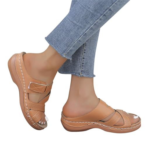 Luckywaqng Damen Schuhe Weite H Damenschuhe, Lange Slipper-Socken für Damen, für den Sommer, einfarbig, zum Reinschlüpfen, lässig, offene Zehenpartie, flach, weich, für Damen uziert Damen (Brown, 42) von Luckywaqng