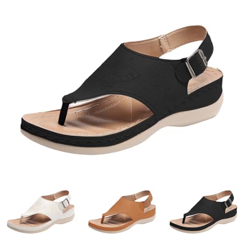 Luckywaqng Damen Sommer Flip Flops Sandalen Elegant Boho Strand Riemchensandalen Flach Bequem Zehentrenner Breite Füße Leder Orthopädische Sandaletten Wedges Plateau Sandalen Damenschuhe von Luckywaqng