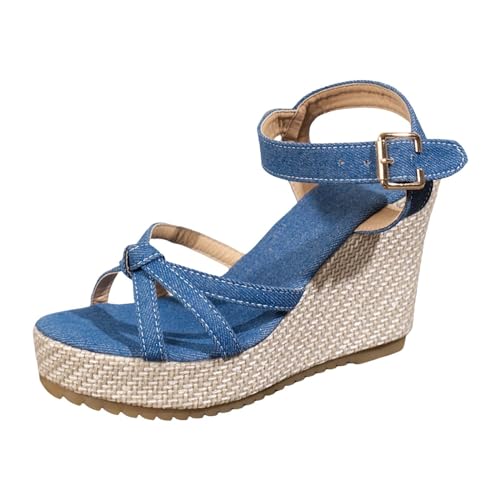 Luckywaqng Damenschuhe Pumps Flach Damen Casual Side Hollow Gürtelschnalle Slope Bottom Roman Schuhe Sommermode Damen Sandalen Damen Schuhe Elegant Sommer (Blue, 37) von Luckywaqng