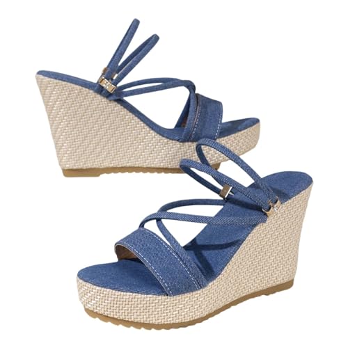 Luckywaqng Jogging Schuhe Damen Damen Casual Side Hollow Gürtelschnalle Slope Bottom Roman Schuhe Sommermode Damen Sandalen Für Schuhe Winter Damen (Blue, 36) von Luckywaqng