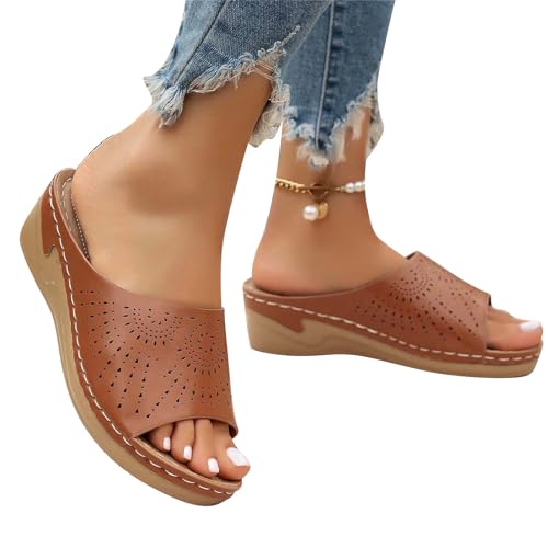 Luckywaqng Keilabsatz Schuhe Damen Sommer Sexy Damenschuhe, Lange Slipper-Socken für Damen, für den Sommer, einfarbig, zum Reinschlüpfen, lässig, offene Zehenpartie, flach, Damenschuhe (Brown, 39) von Luckywaqng