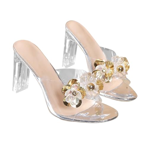 Luckywaqng Leinenschuhe Damen Schuhe Frauen Sommer Kristall Grobabsatz Wasser Transparente Gerade Linie Mit High Heel Hausschuhe Damen Schuhe Sneaker (Rose Gold, 36) von Luckywaqng