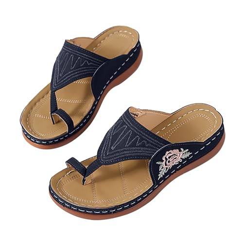 Luckywaqng Schuhe Damen Elegant Mit Absatz Damen Sommer Zehensandalen und Hausschuhe mit flacher Sohle und Blumenstickerei Damen Schuhe 38 (Navy, 38) von Luckywaqng