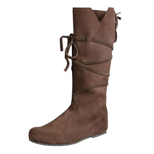 Luckywaqng Stiefel für Damen und Herren im Frühling und/Winter, mit flachem Absatz, Dicker Sohle, Schnürung, mittelalterliches Rollenspiel, runde Zehenpartie, Schnürung, hoher Schaft und (Brown, 35) Luckywaqng Stiefel für Damen und Herren im Frühling und/Winter, mit flachem Absatz, Dicker Sohle, Schnürung, mittelalterliches Rollenspiel, runde Zehenpartie, Schnürung, hoher Schaft und (Brown, 35) von Luckywaqng