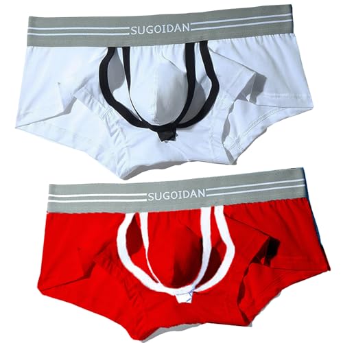 Lukione 2 Stücke Herrenunterwäsche Boxershorts Atmungsaktiv Sexy Jockstrap Unterhosen Weiß & Rot für Boyfriend Männer, XL von Lukione