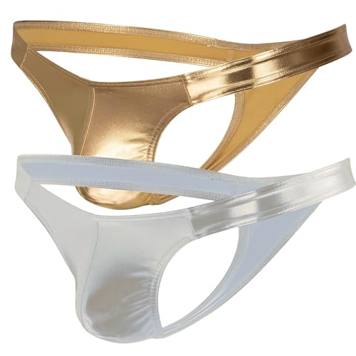 Lukione 2 Stücke Herrenunterwäsche Thongs Leder Glänzend Bühne Zeigen Bikini G String für Männer Geschenke (DE/NL/SE/PL, Alphanumerisch, M, Regular, Regular, Gold und Silber) von Lukione