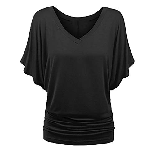 Lulupi Damen Shirt Fledermaus V-Ausschnitt Blusenshirt Ruffles Kurzarm Bluse Tunika Übergröße Elegant Oberteile Locker Lässig Tops von Lulup