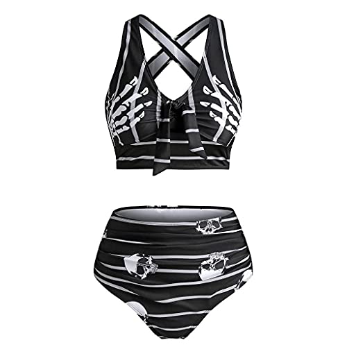 Lulupi Damen Bikini Set Badeanzug Totenkopf Bikini Crossover Bandage Rückenfrei Strandmode Bademode Push Up High Waist Strandbikini Beachwear Swimsuits, 21#schwarz, XXL von Lulupi