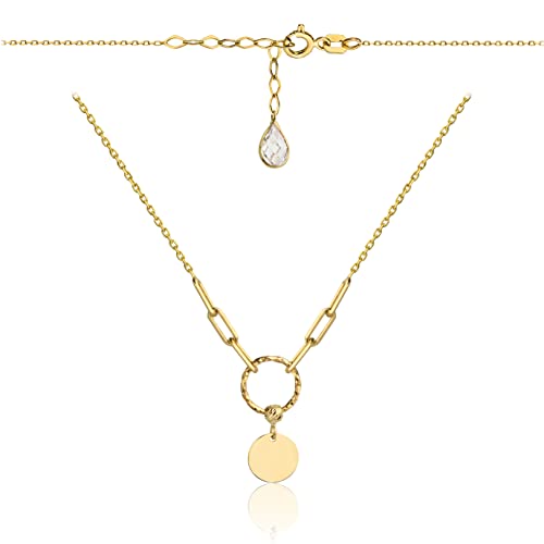 Goldene Damen Halskette 585 14k Gold Gelbgold Kette mit Anhänger Kreis Kugel Zirkonia Gravur von Lumari Gold