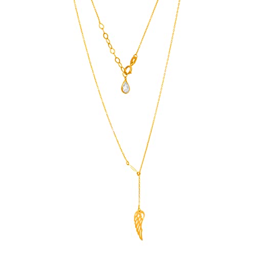 Goldene Damen Halskette 585 14k Gold Gelbgold Kette mit Anhänger Y-Kette Engelsflügel Zirkonia Gravur von Lumari Gold