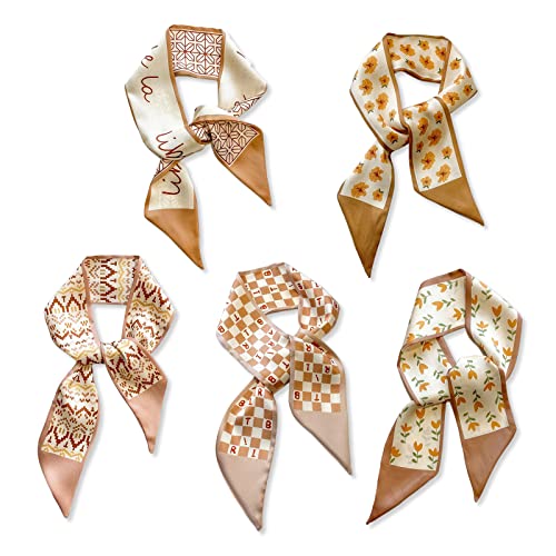 LumiSyne 5 Stück Seidenschal Damen Mädchen Skinny Schal Blume Gedruckt Geometrisch Karierte Muster Frischer Süßer Stil Satin Krawatte Schal Schmaler Lange Halstuch Kopfschmuck Griff Wrap Ribbon von LumiSyne