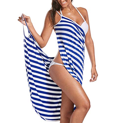 LumiSyne Strandkleider Damen Bikini Cover Ups Mode Streifen Badeanzüge Ärmellos Wickelkleid Sexy V Ausschnitt Strandponcho Pareos Lose Stil Strandrock,Breite Fransen Blau,5XL von LumiSyne