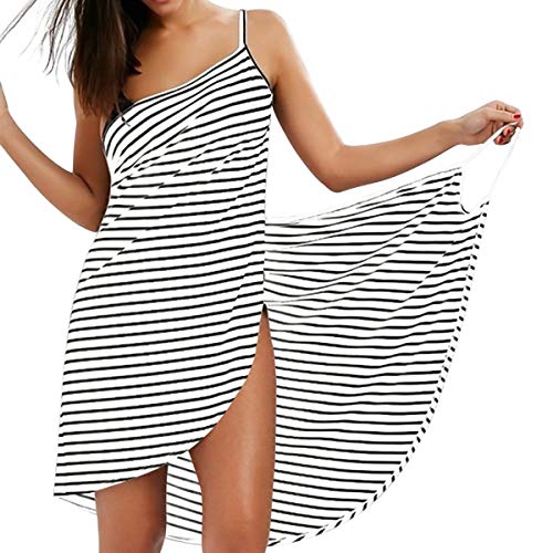 LumiSyne Strandkleider Damen Bikini Cover Ups Mode Streifen Badeanzüge Ärmellos Wickelkleid Sexy V Ausschnitt Strandponcho Pareos Lose Stil Strandrock,Schmale Fransen Weiß,S von LumiSyne