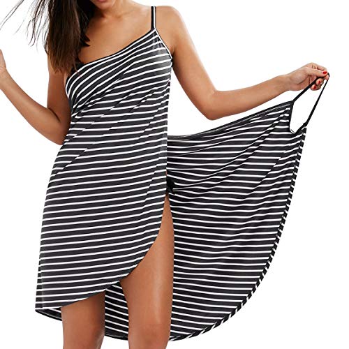 LumiSyne Strandkleider Damen Bikini Cover Ups Mode Streifen Badeanzüge Ärmellos Wickelkleid Sexy V Ausschnitt Strandponcho Pareos Lose Stil Strandrock,Schmale Fransen Schwarz,S von LumiSyne