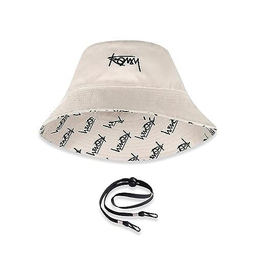 LumiSyne Unisex Wendbarer Fischerhut Einfarbig Mit Buchstaben Stickerei/Hawaii Stil Druck Doppelseitig Baumwolle Eimerhut Mit Abnehmbare Kinnband Faltbar Bucket Hat Sonnenhut Für Sommer Strand Reise von LumiSyne