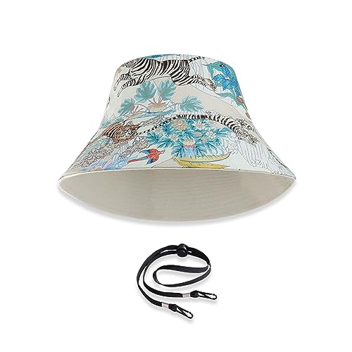 LumiSyne Unisex Wendbarer Fischerhut Einfarbig Mit Buchstaben Stickerei/Hawaii Stil Druck Doppelseitig Baumwolle Eimerhut Mit Abnehmbare Kinnband Faltbar Bucket Hat Sonnenhut Für Sommer Strand Reise von LumiSyne