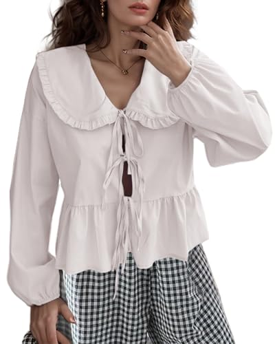 Damenbluse mit Revers-Puppenkragen, Puffärmel, plissiert, zum Binden vorne, Schößchen, Sommer, süßes Babydoll-Top, Weiss/opulenter Garten, Groß Damenbluse mit Revers-Puppenkragen, Puffärmel, plissiert, zum Binden vorne, Schößchen, Sommer, süßes Babydoll-Top, Weiss/opulenter Garten, Groß von Lunoakvo