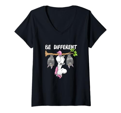 Damen Unicorn Bat Fairy Tale Be Different T-Shirt mit V-Ausschnitt Damen Unicorn Bat Fairy Tale Be Different T-Shirt mit V-Ausschnitt von Lustige Einhorn Geschenke für Frauen Damen T-Shirt