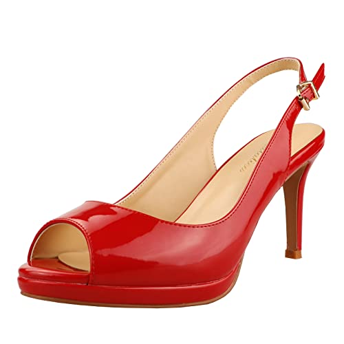 Damen Lackleder Komfort Plattform High Heel Slingback Sandalen Sexy Peep Toe Stiletto High Heel Pumps Rot Größe 40 von Lutalica W