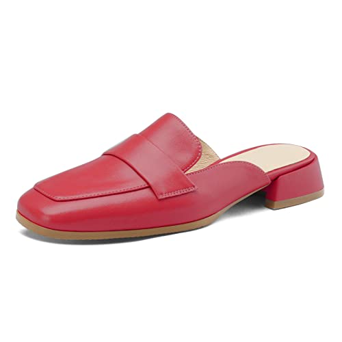 Lutalica W Damen Lässig Quadratischer Zeh Matte Leder Rückenfrei Flache Pantoletten Kompfort Geschlossener Zeh Schlüpfen Elegante Flache Loafer Schuhe Rot Größe 40 von Lutalica W