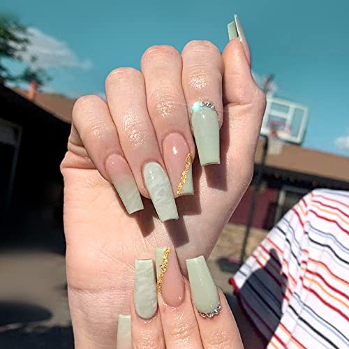 Luvadeyo 24PCS Ballerina Press on Nails Coffin Long Fake Nails Acrylic Full Cover Luxury Green False Nails for Women and Girls von Luvadeyo