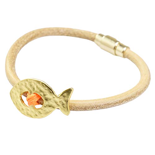 Luvi Damen Lederarmband Goldfisch I Schmuck Armband aus Leder mit Fisch Applikation - handgemacht, Braun, M - 18cm von Luvi