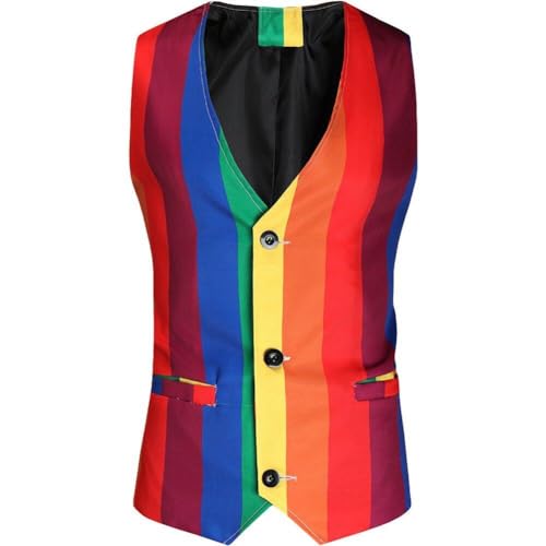 Luxylei Ärmellose Anzugwesten Für Herren, Modisch, Regenbogen-streifendruck, Knöpfe, Blazer, Weste, Herren, Übergröße, Formelle Business-jackenweste von Luxylei