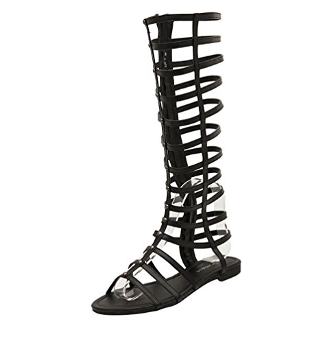 LvRao Damen Gladiator Römisch Sandalen Knie Stiefel Flache Sommer Strand Schuhe (Schwarz, EU 36) von LvRao