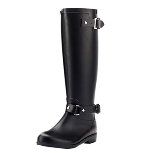 LvRao Damen wasserdichte Regenstiefel Knielänge Boots Schnee Regen Booties Reißverschluss Schnalle Casual Garten Stiefel Gummistiefel (Schwarz, EU 39 / CN 40) von LvRao