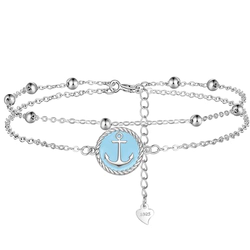 Lydreewam Anker Fußkettchen 925 Sterling Silber für Damen Blau Emaille Doppel Fußkette mit Kugeln Sommer Strand Fusskette, verstellbare 22+4cm von Lydreewam