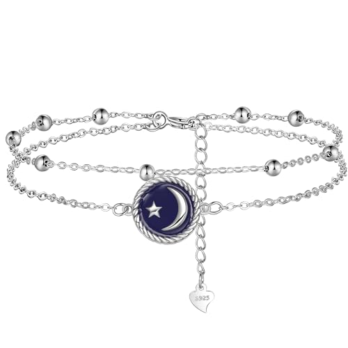 Lydreewam Mond und Stern Fußkettchen 925 Sterling Silber für Damen Blau Emaille Doppel Fußkette mit Kugeln Sommer Strand Fusskette, verstellbare 22+4cm von Lydreewam