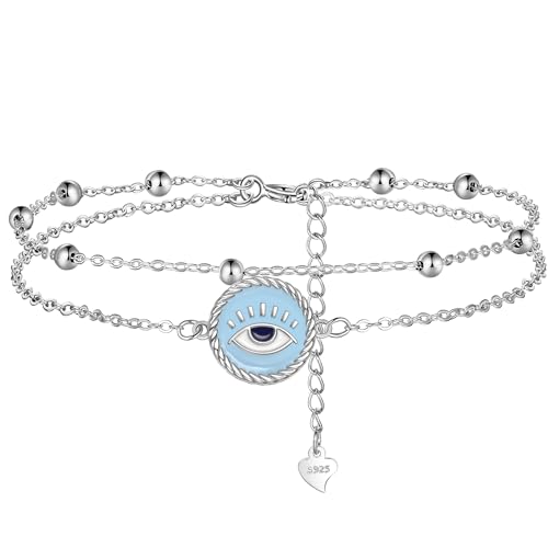 Lydreewam Nazar Auge Fußkettchen 925 Sterling Silber für Damen Blau Emaille Doppel Fußkette mit Kugeln Sommer Strand Fusskette, verstellbare 22+4cm von Lydreewam