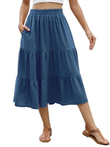 Lyrur Damen-Midirock mit Blumenmuster, mit Taschen, hohe elastische Taille, fließende Rüschen, lässiger Sommer, Boho-Röcke, Denim Blau, Klein Lyrur Damen-Midirock mit Blumenmuster, mit Taschen, hohe elastische Taille, fließende Rüschen, lässiger Sommer, Boho-Röcke, Denim Blau, Klein von Lyrur