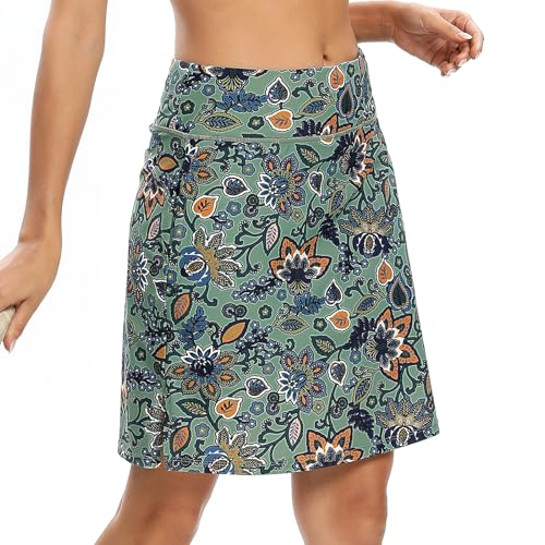 M MOTEEPI Tennisrock Damen 20'' Knielang Rock Mit Hose Drunter Damen Hohe Taille Hosenrock Skort Skirt for Women Golfrock Sportrock Midi Rock Mit Taschen Innenshorts Gypsophila 2XL von M MOTEEPI