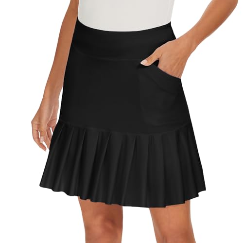 M MOTEEPI Tennisrock Damen Hosenrock Skirts Skort 19" Knielang Ruffle Saum Rock mit Hose Drunter Rock Damen Fahrradrock Golfrock Hohe Taille mit 3 Taschen Schwarz M von M MOTEEPI