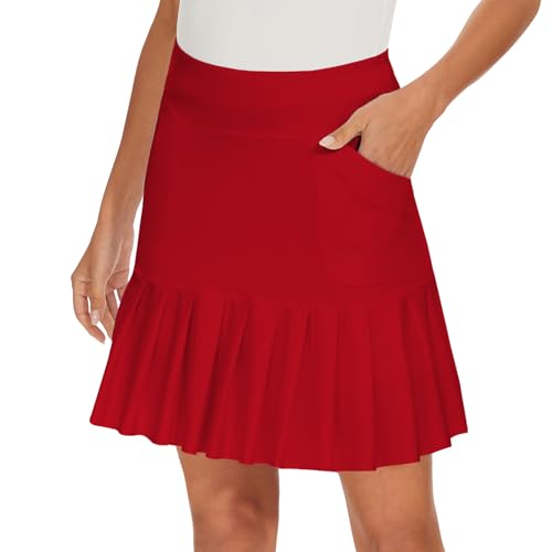 M MOTEEPI Tennisrock Damen Hosenrock Skirts Skort 19" Knielang Ruffle Saum Rock mit Hose Drunter Rock Damen Fahrradrock Golfrock Hohe Taille mit 3 Taschen Rot M von M MOTEEPI