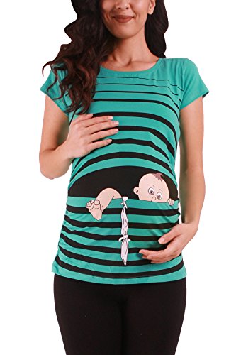 Baby Flucht - Lustige witzige süße Umstandsmode mit Motiv für die Schwangerschaft Umstandsshirt T-Shirt Schwangerschaftsshirt, Kurzarm (Mint, Large) von M.M.C.