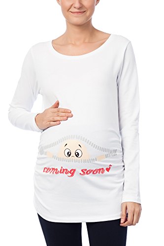 Coming Soon - Lustige witzige süße Umstandsmode Umstandsshirt Sweatshirt Schwangerschaftsshirt mit Motiv für die Schwangerschaft, Langarm (Weiß, X-Large) von M.M.C.