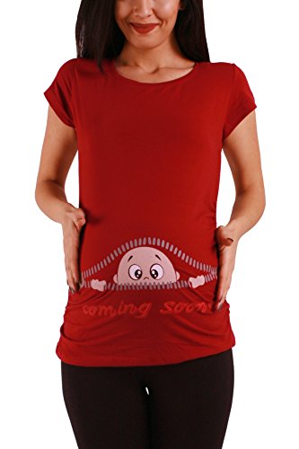 Coming Soon - Lustige witzige süße Umstandsmode mit Motiv Umstandsshirt für die Schwangerschaft T-Shirt Schwangerschaftsshirt, Kurzarm (Weinrot, Small) von M.M.C.