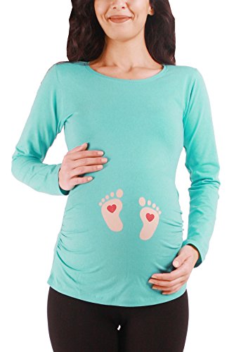 Fußabdrücke Baby mit Herz - Süße Umstandsmode Motiv Umstandsshirt Sweatshirt Schwangerschaftsshirt für die Schwangerschaft, Langarm (Mint, Medium) von M.M.C.