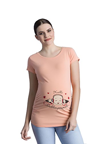 Hallo Lieblingsmensch - Lustige witzige süße Umstandsmode mit Motiv Umstandsshirt für die Schwangerschaft T-Shirt Schwangerschaftsshirt, Kurzarm (Lachsfarbe, Medium) von M.M.C.