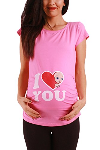 I Love You - Lustige witzige süße Umstandsmode mit Motiv Umstandsshirt für die Schwangerschaft T-Shirt Schwangerschaftsshirt, Kurzarm (Rosa, Small) von M.M.C.