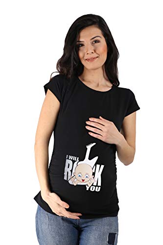 I Will Rock You - Lustige witzige süße Umstandsmode mit Motiv Umstandsshirt für die Schwangerschaft T-Shirt Schwangerschaftsshirt, Kurzarm (Schwarz, X-Large) von M.M.C.