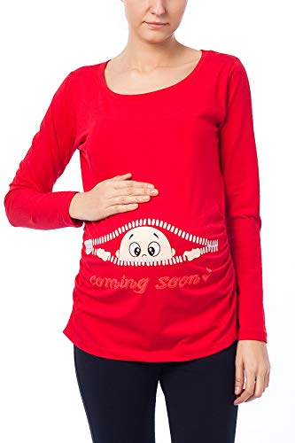 Coming Soon - Lustige witzige süße Umstandsmode Umstandsshirt Sweatshirt Schwangerschaftsshirt mit Motiv für die Schwangerschaft, Langarm (Rot, Large) von M.M.C.